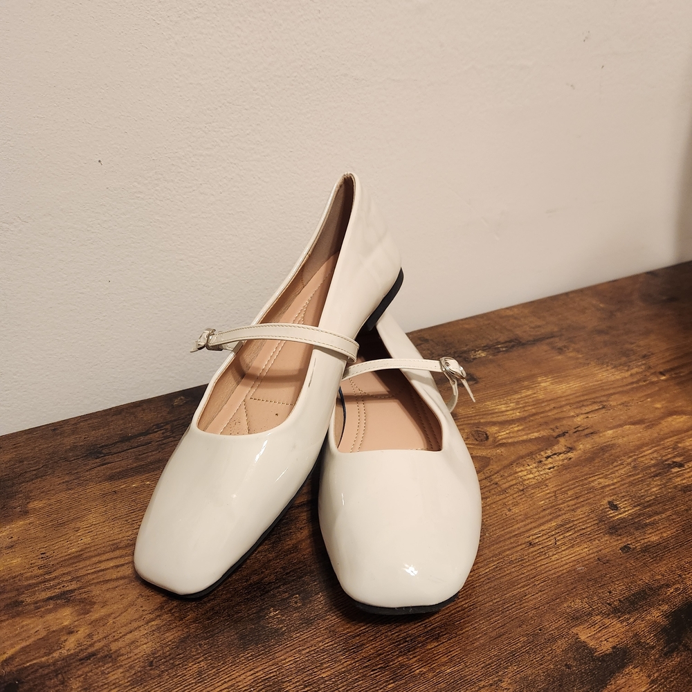 Off White Patent Leather Mary Jane Flats